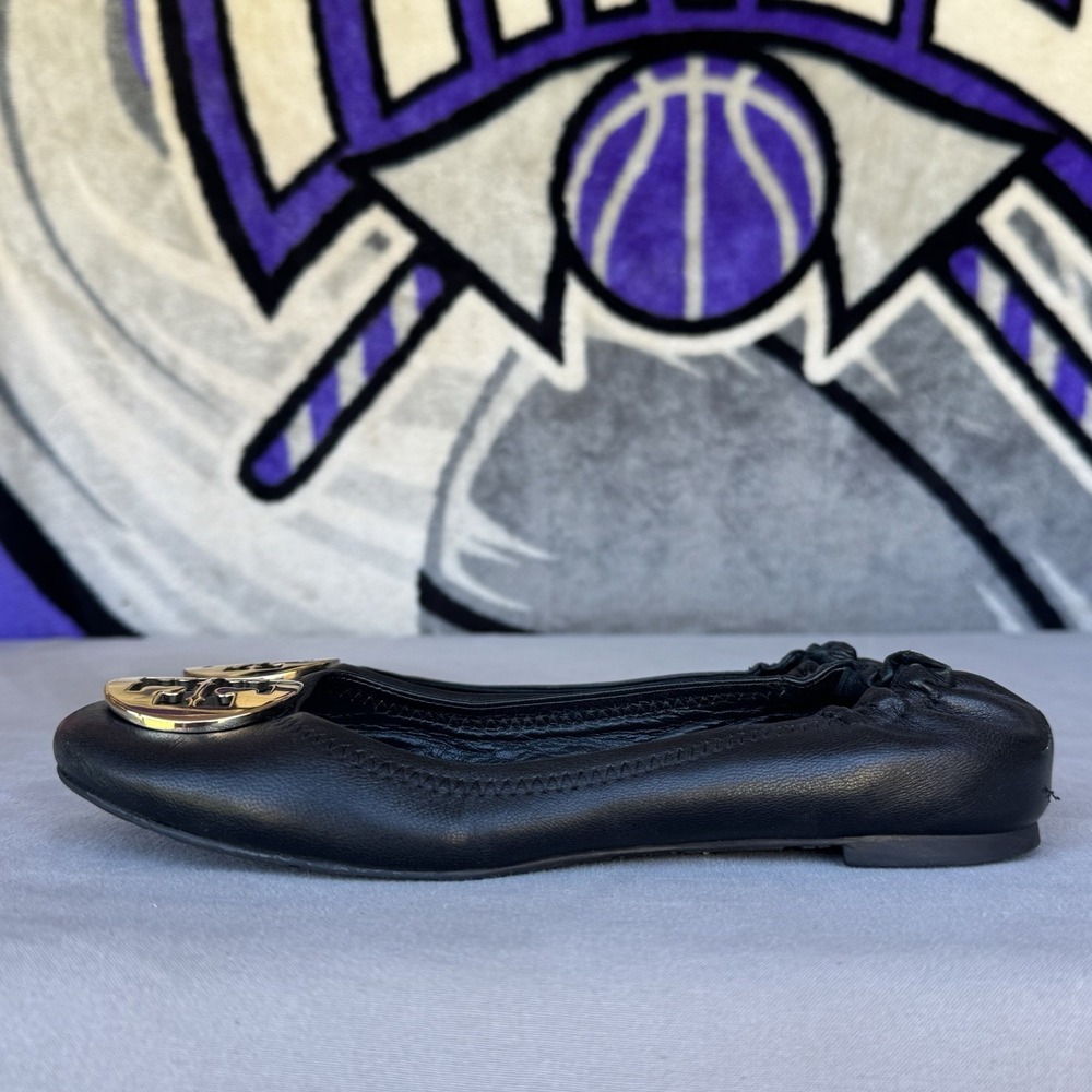 Size 8 - Tory Burch Reva Flats Black Womens Soft Leather Gold Logo